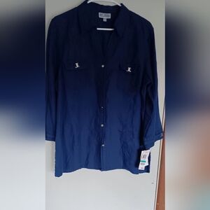 JM Collection Linen IV, Long Sl Top, Medieval Blue, 16, NWT, P2P 22, Silver Trim